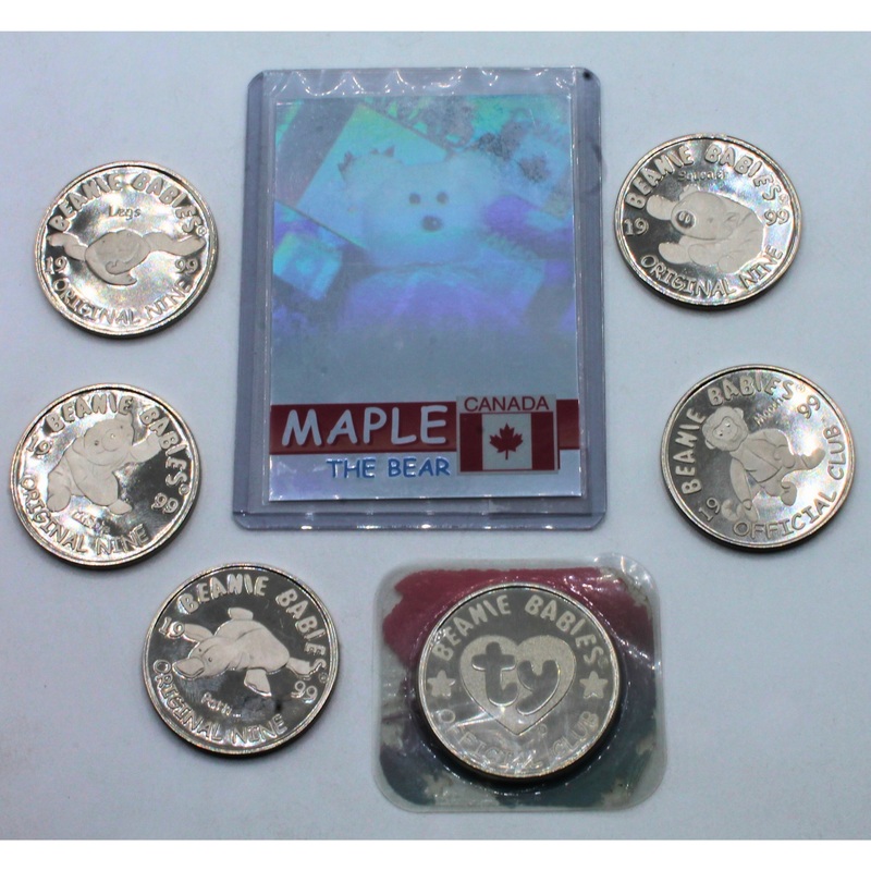 Lot of 7: Ty Maple the Bear Foil Card & Original 9 Coins | Please Read