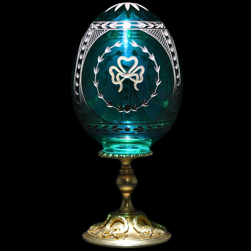 House of Faberge Emerald Green Egg w/ Gold Etching