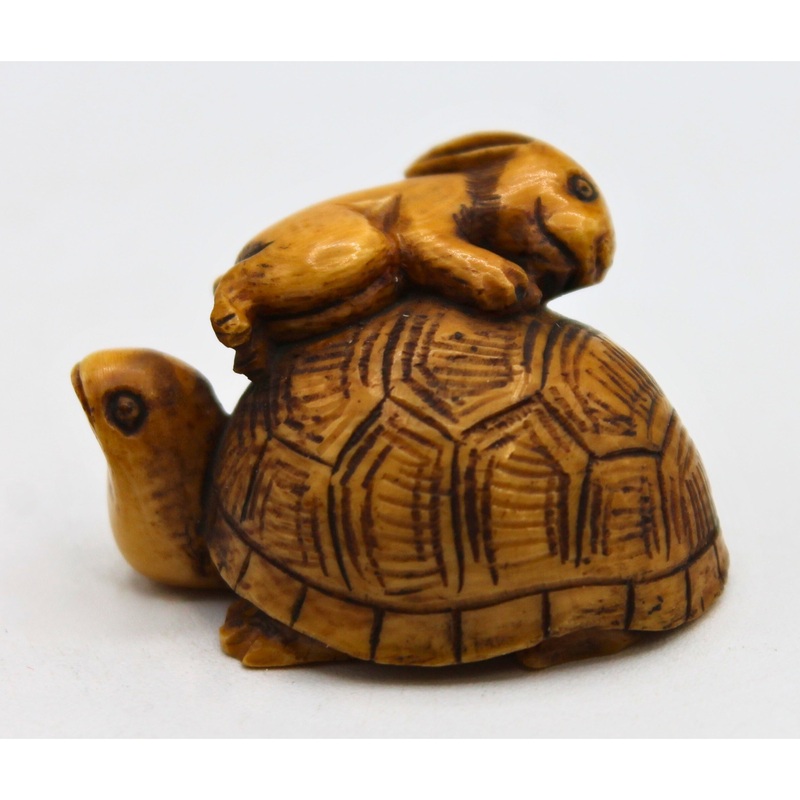 Signed Japanese Vintage Hand Crafted Turtle & Bunny Netsuke