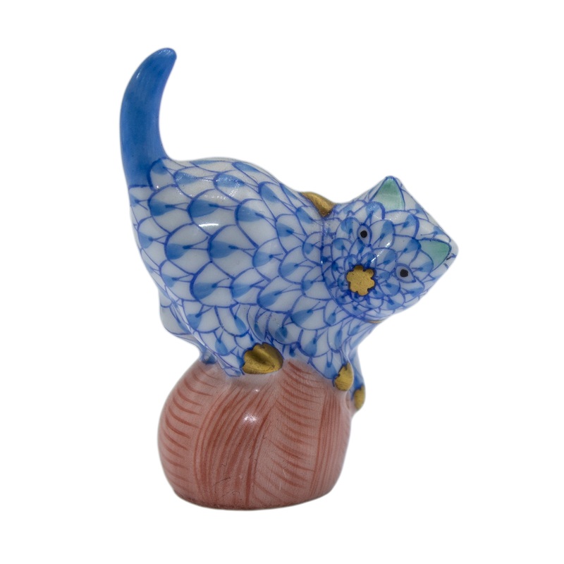 Herend Figurine: 5221 Mischevious Cat on Yarn - Blue