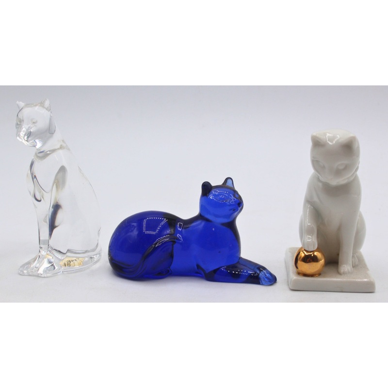Lot of 3: Franklin Mint Curio Cabinet Cats - Clear, Blue, White
