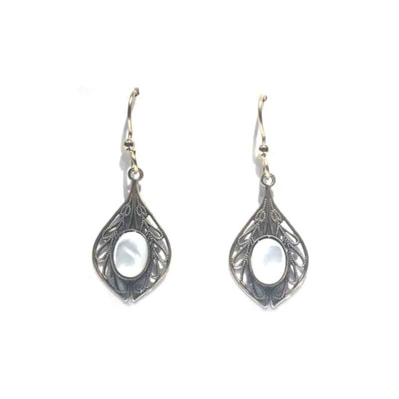 Filigree Tear & Mother of Pearl Oval Stone Pierced Earrings