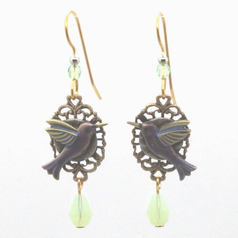 Hummingbird with Green Drop Gold-Tone Earrings