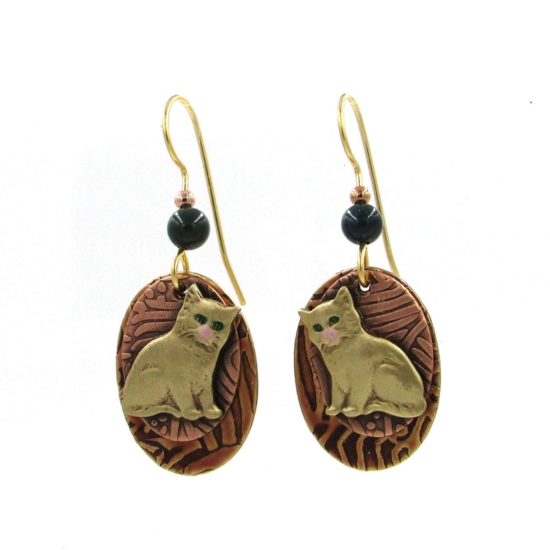 Beaded Cat Ovals Two Tone Dangle Earrings