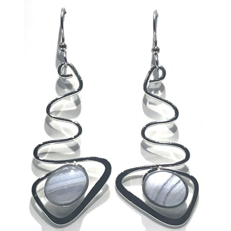 Contemporary Zig -Zag with Oval Agate Stone Pierced Earrings