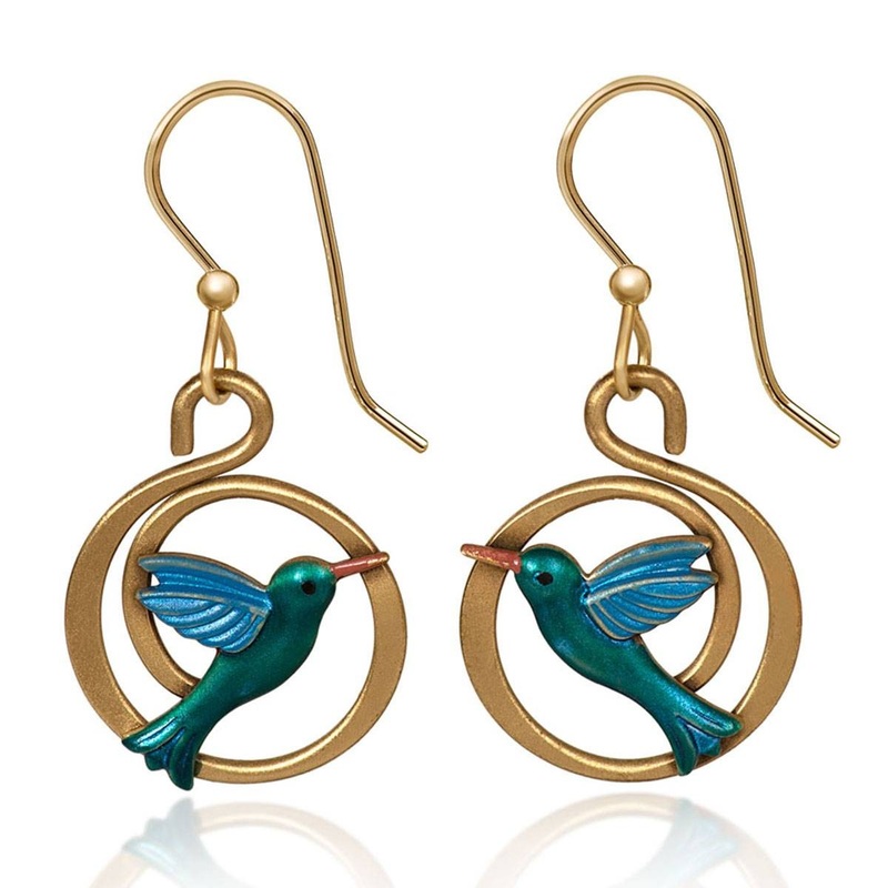 Gold-Tone Coil with a Blue Hummingbird Drop Earring