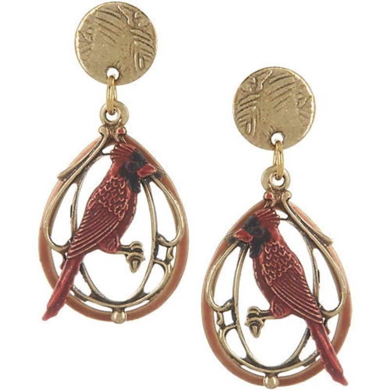 Gold-Tone Framed Cardinal Post Drop Earrings