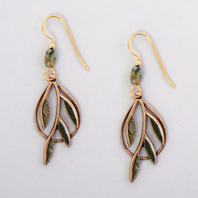 Gold-Tone & Green Branch Open Drop Earrings