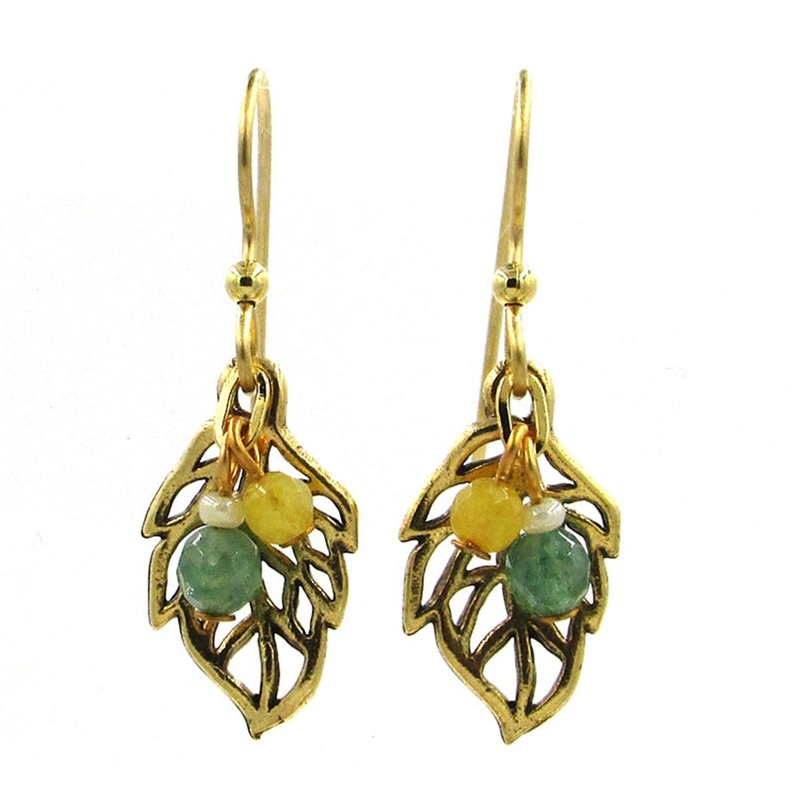 Gold-Tone Open Leaf Design Bead Drop Earrings