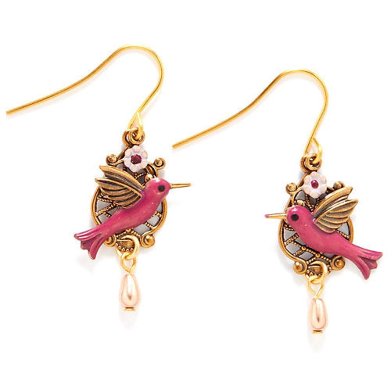 Gold-Tone with Pink Hummingbird Drop Earrings