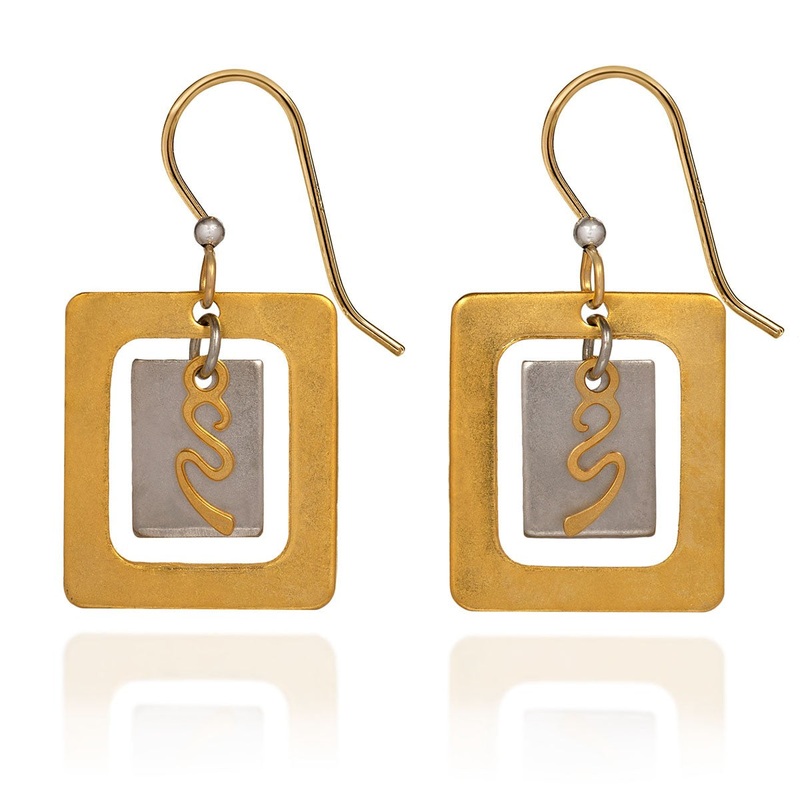Mixed Metal Rectangles W/Squiggle Drop Earrings