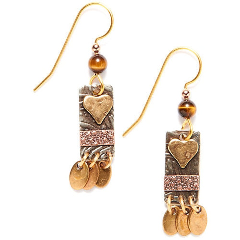 Tri-Tone Artisan Heart on Rectangle Earrings
