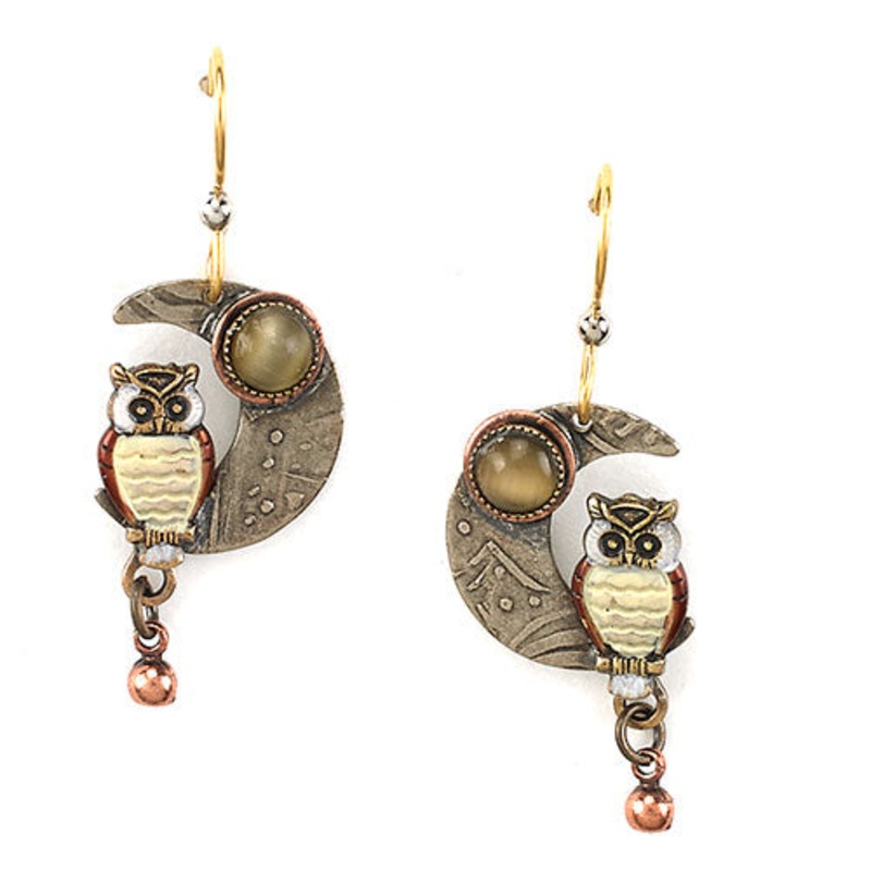 Tri-Tone Owl on Crescent Moon Earrings