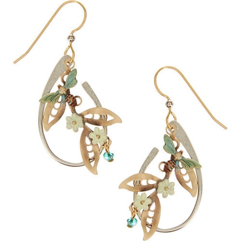 Two-Tone Bees & Flowers Drop Earrings