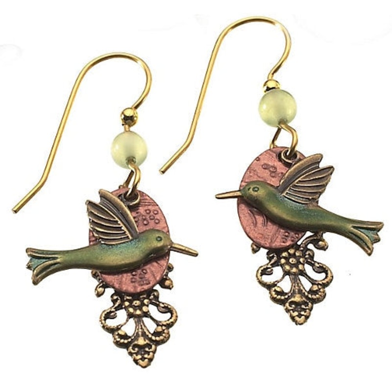 Two-Tone Green Hummingbird Drop Earrings