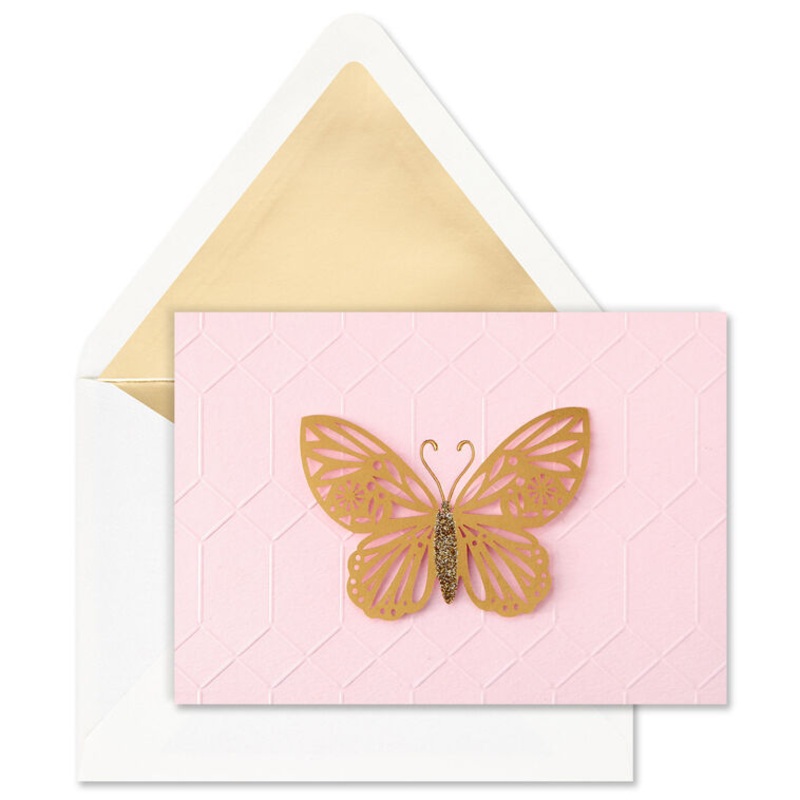 Gold Butterfly on Pink Blank Note Cards, Box of 8