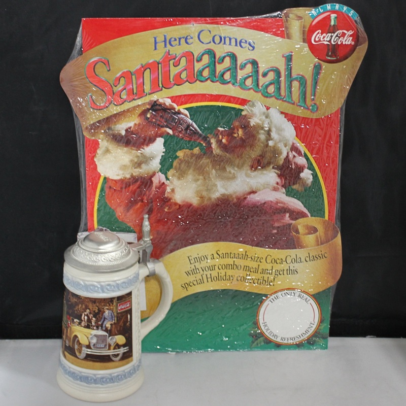 Lot of 2: Coca-Cola 1996 Santaaaaah Sign + 1993 Coke Stein
