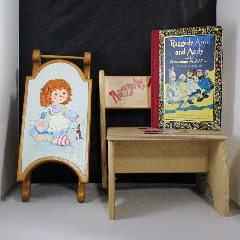 Lot of 3: Raggedy Ann Chair + Sled + Book
