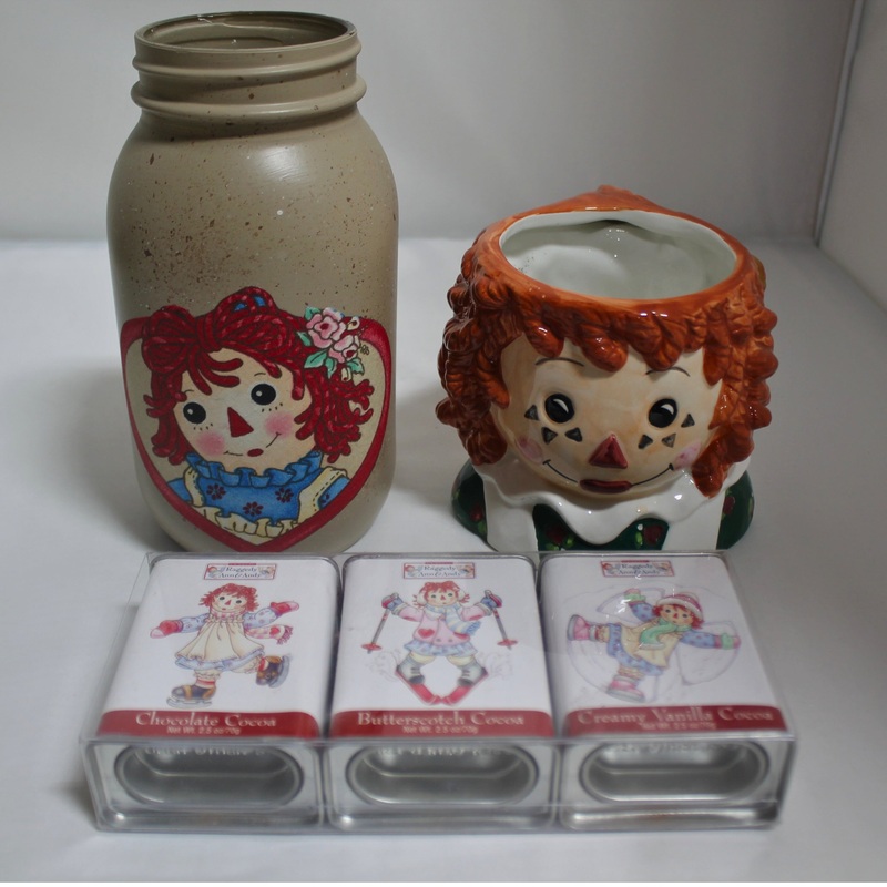 Lot of 3: Raggedy Ann Mug, Mason Jar & Cocoa Tins