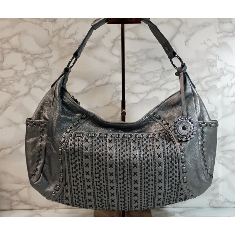 Fiore Purse: Grey Embroidery Stitch Leather Hobo Bag
