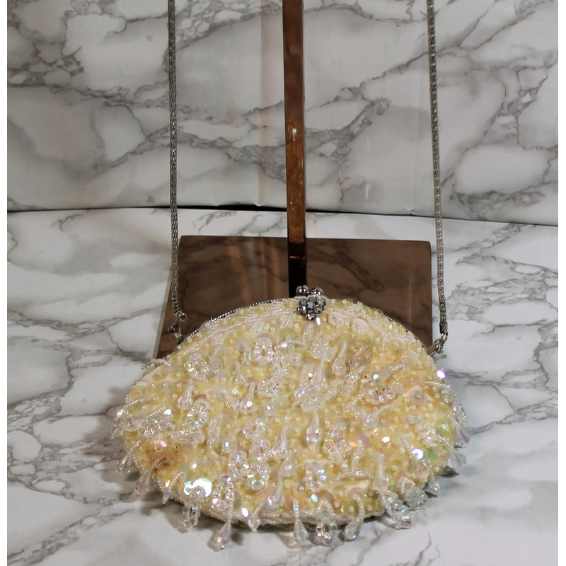 Handmade Purse: Cream Beaded Evening Clutch Shoulder Bag