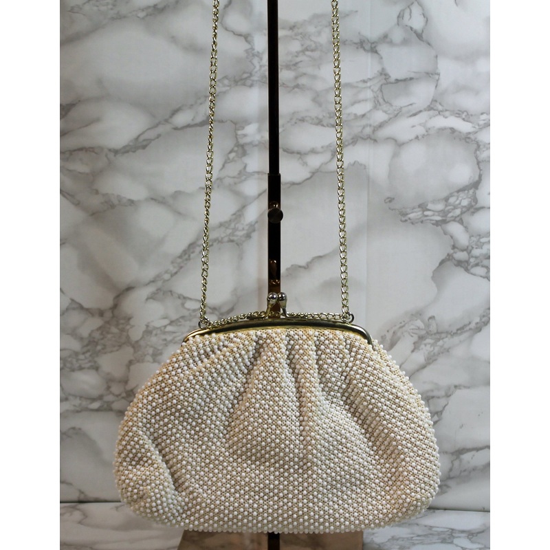 Handmade Purse: Cream Beaded Evening Shoulder Bag