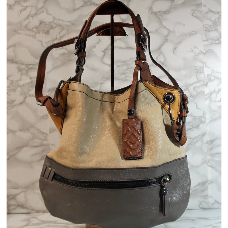 Oryany Purse: Grey Khaki Brown Leather Satchel Bag