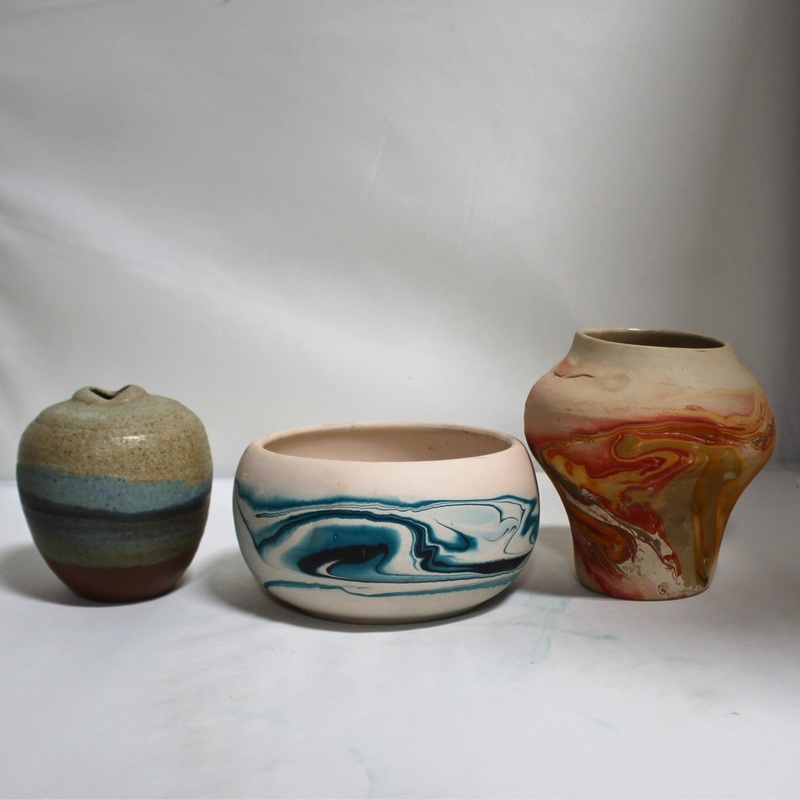 Lot of 3 Nemadji: Pottery Vase, Moon Pot & Bowl