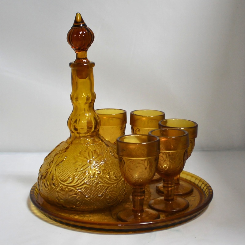 Tiara: Amber Glass Plate, Glasses & Decanter