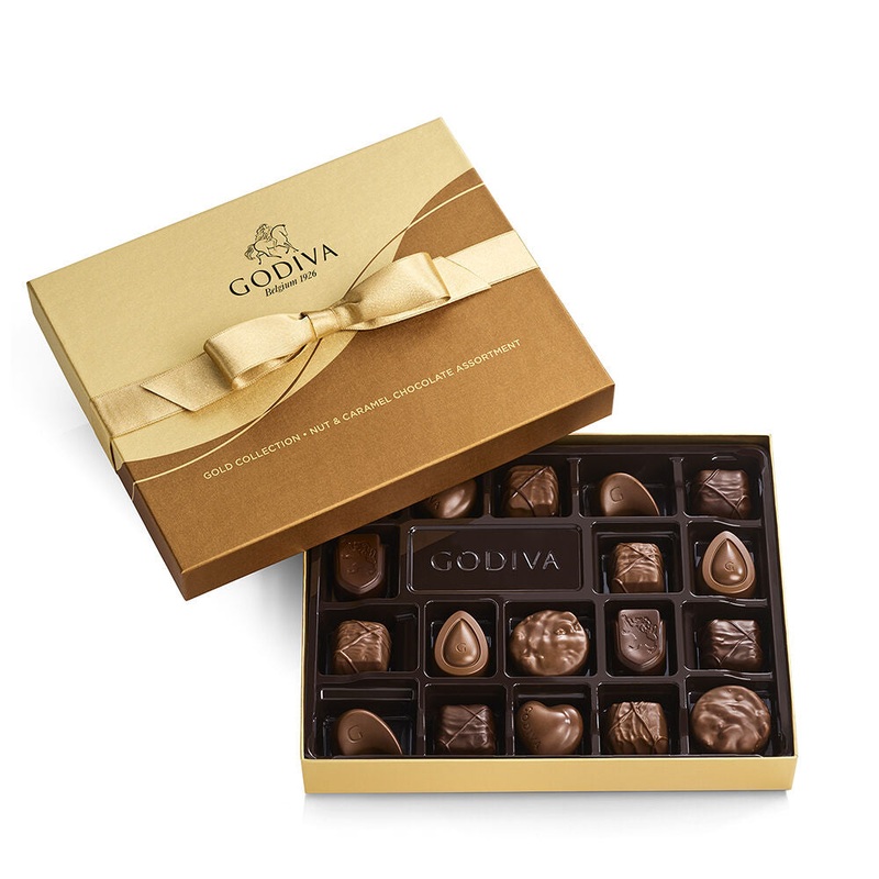 Nut and Caramel Gift Box, Gold Ribbon, 18 pc