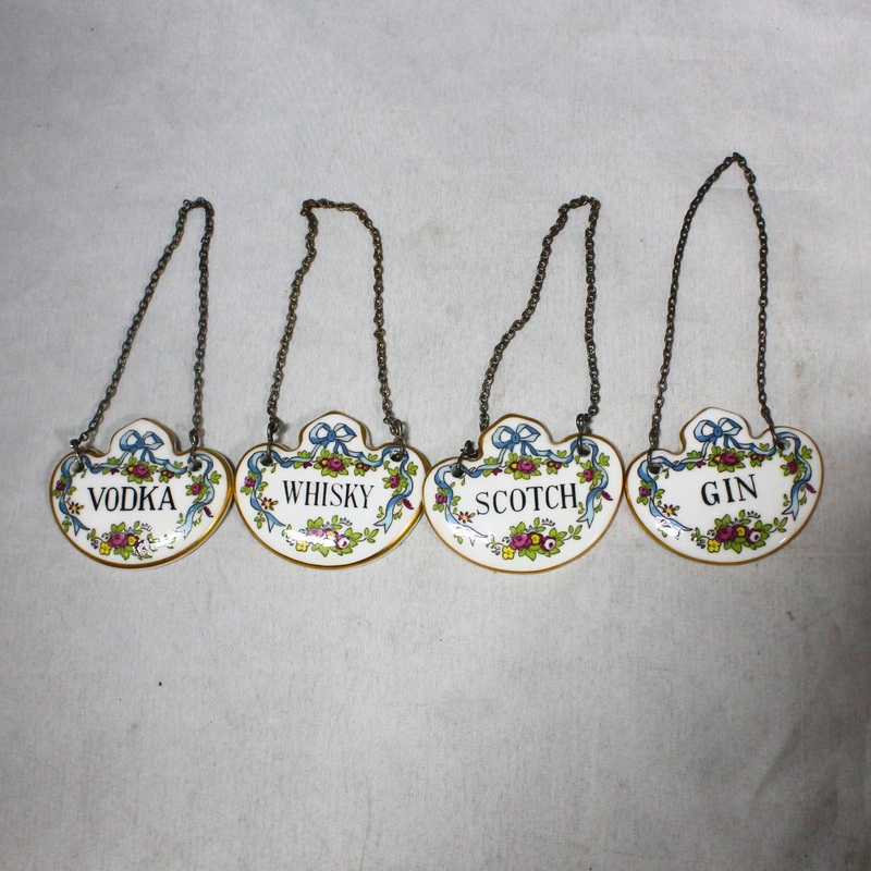 Lot of 4: Staffordshire Alcohol Hanging Charms; Gin, Scotch, Whiskey, Vodka