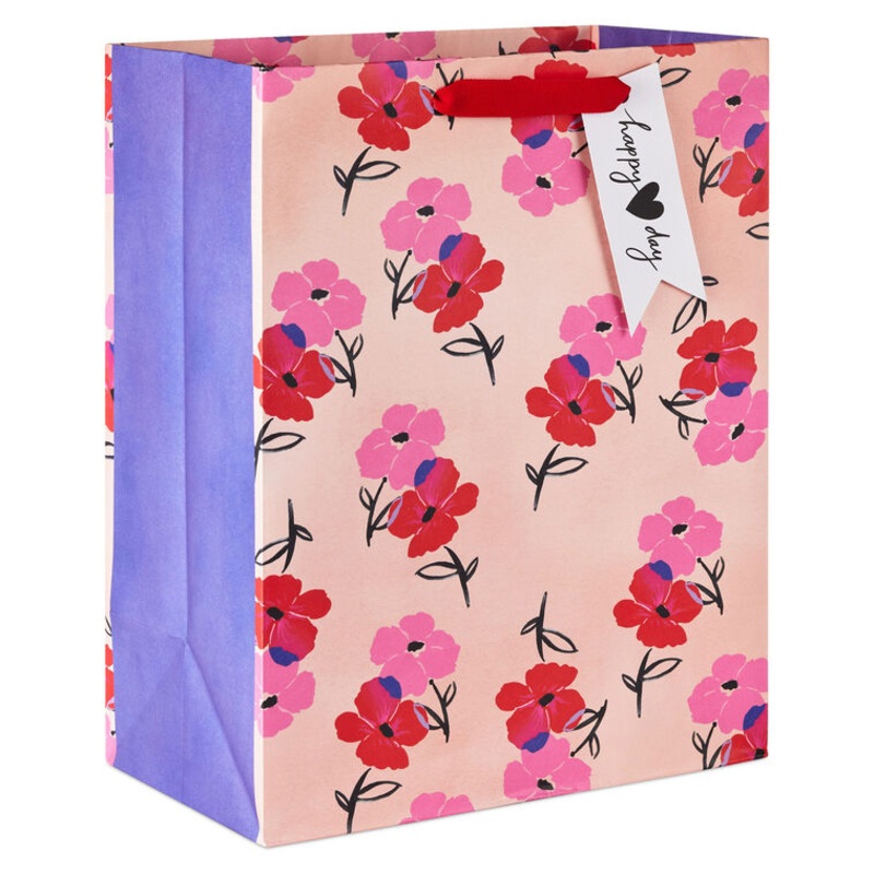 13" Pink and Red Flowers on Peach Large Valentine's Day Gift Bag
