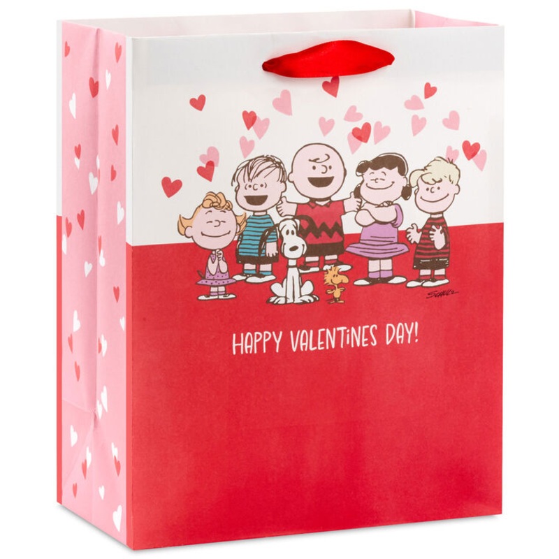 9.6" Peanuts Gang on Red and White Medium Valentine's Day Gift Bag
