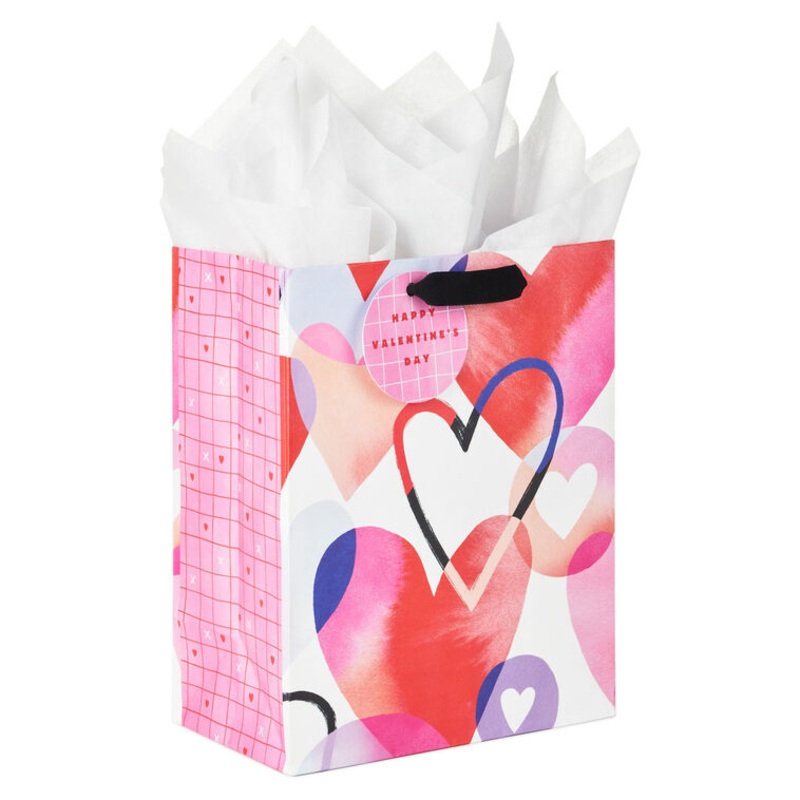 9.6" Watercolor Hearts Medium Valentine's Day Gift Bag With Tissue Paper