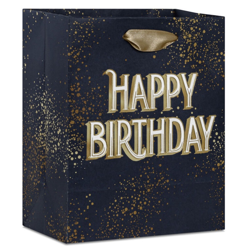 6.5" Gold and White Wishes on Navy Small Birthday Gift Bag
