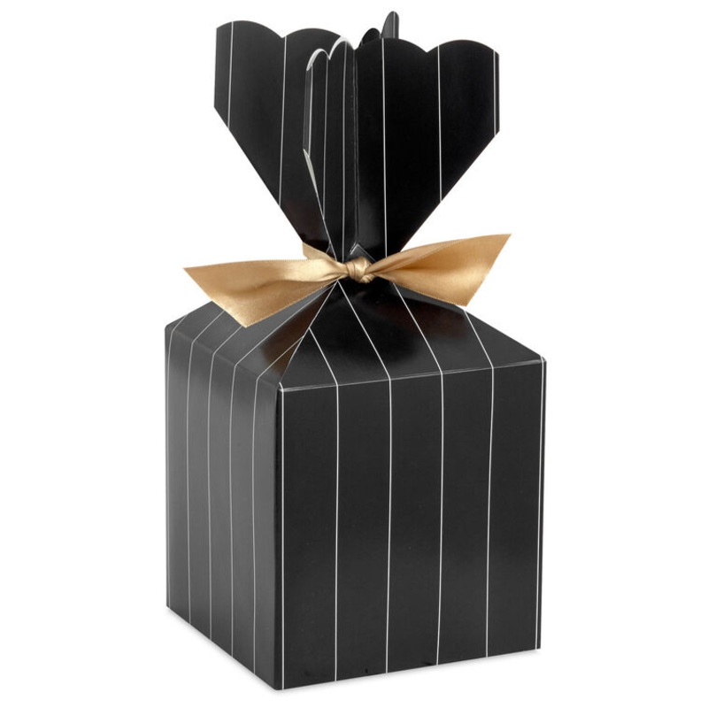 Gold Pinstripe on Black Vertical Treat Box With Ribbon Tie