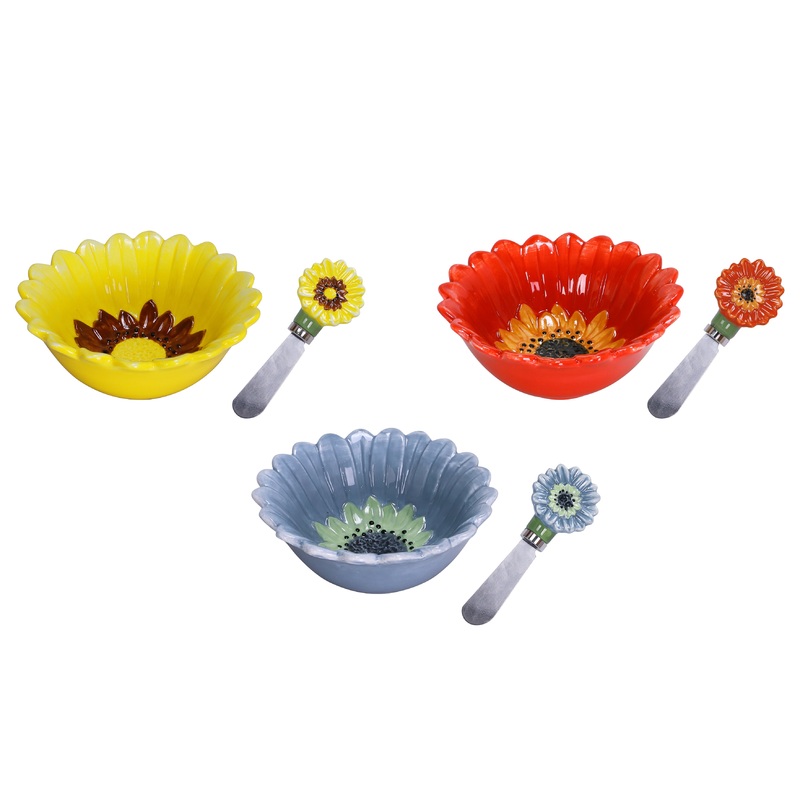 Sunflower Garden Ceramic Dip Bowl w/Spreader 4.75 in