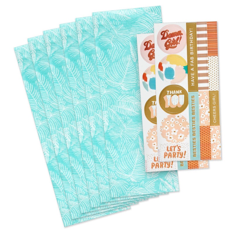 Tropical Leaves on Aqua Tissue Paper With Gift Tag Stickers, 6 sheets