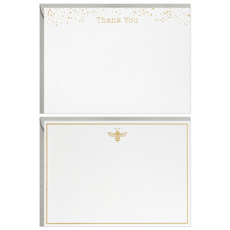 Gold Bee and Dots on White Assorted Blank Flat Thank You Note Cards in Caddy, Pack of 40