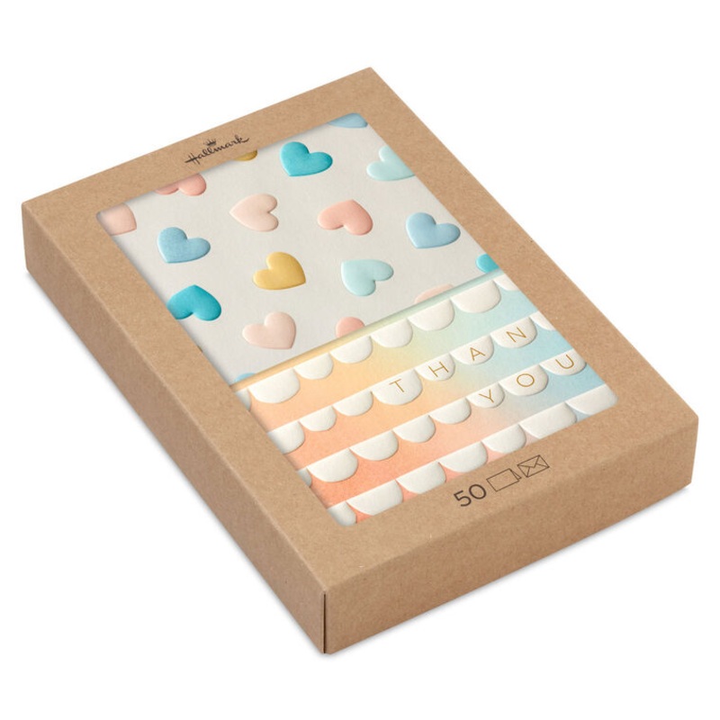 Pastel Hearts and Scallops Assorted Blank Thank You Notes, Pack of 50