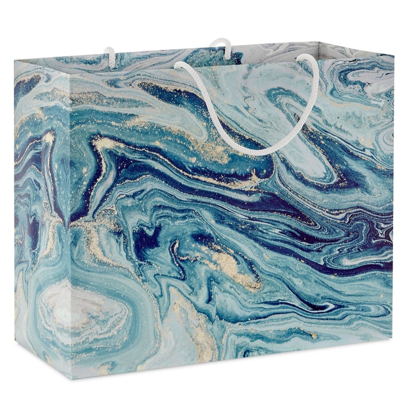 Blue, Green and Gold Marbled Medium Horizontal Gift Bag 7.7"